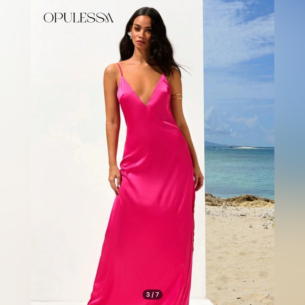 NWOT Opulessa Women HOT PINK Color Spaghetti Strap Simple Fitting Long Dress - Picture 9 of 17